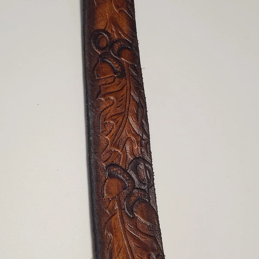 Phoenix‎ Canadian Tooled Leather Brown Leaf Acorn Geese Mens Belt Size 44 Woven